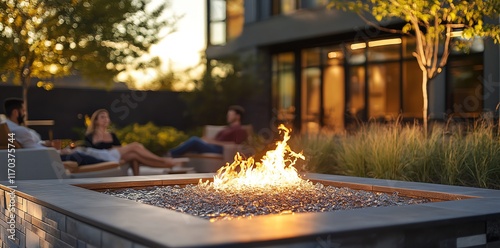 A fire pit in the evening with people sitting around it.