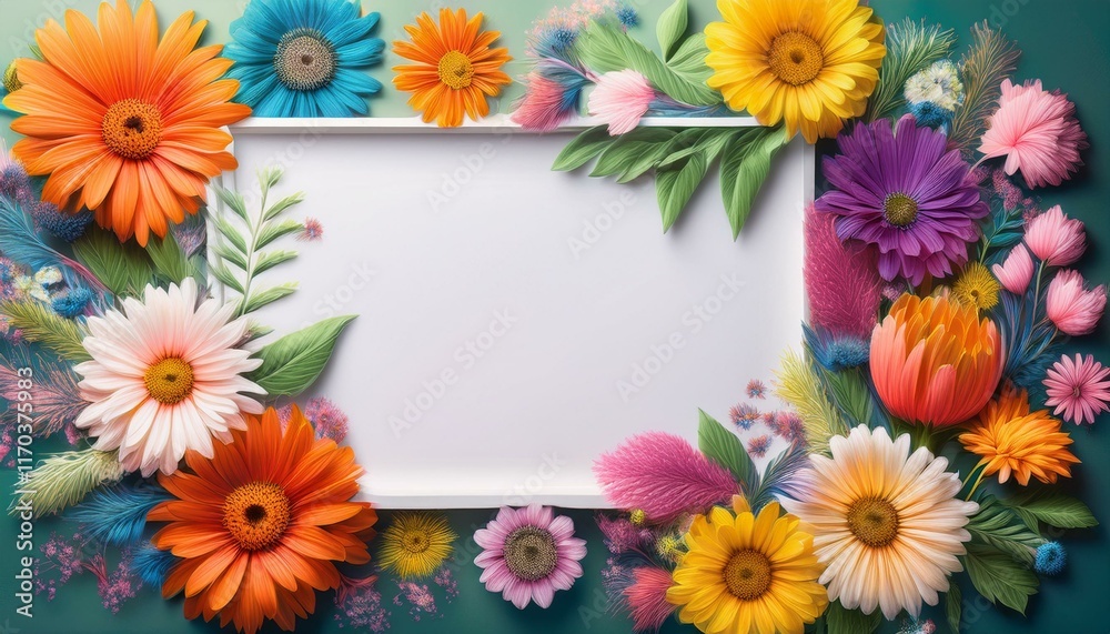 bright floral background with a white empty frame in the middle bright floral background with a white empty frame in the middle