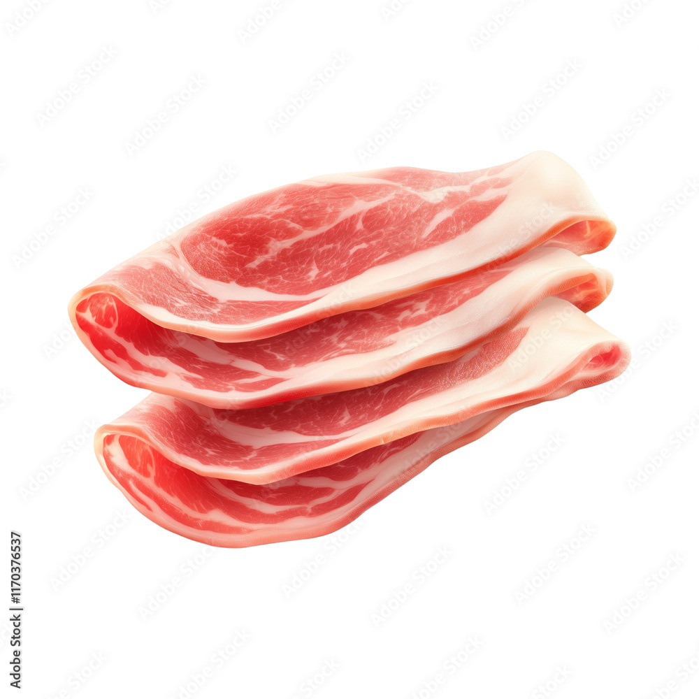 Slices of raw bacon Pancetta with fat marbling, neatly stacked, isolated on white transparent background. Concept of cooking and food preparation Slices of raw bacon Pancetta with fat marbling, neatly stacked, isolated on white transparent background. Concept of cooking and food preparation