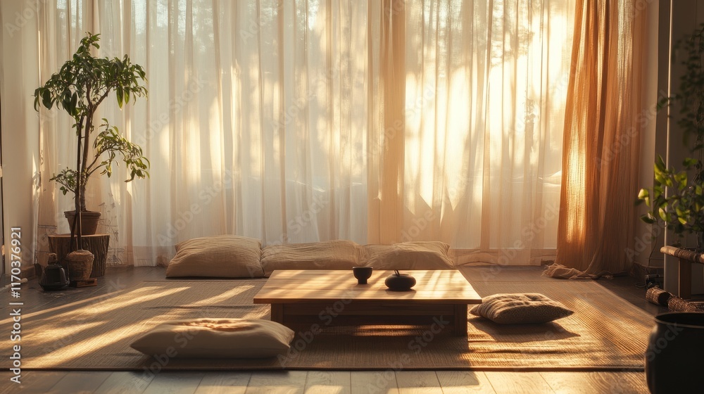 A zen-inspired interior with a low wooden table, meditation pillows, and warm sunlight filtering through sheer curtains A zen-inspired interior with a low wooden table, meditation pillows, and warm sunlight filtering through sheer curtains