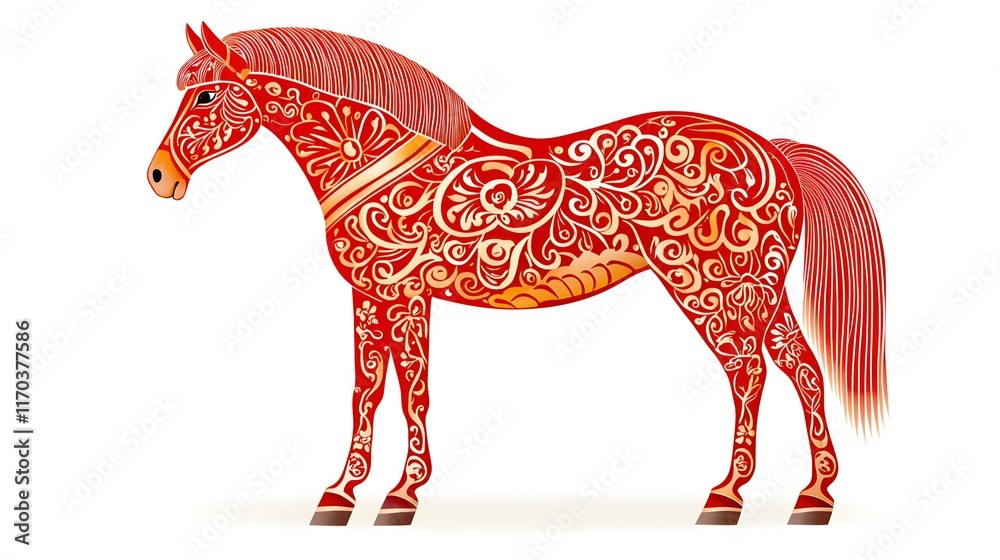 Obraz premium Ornate Red Horse Illustration with Artistic Patterns