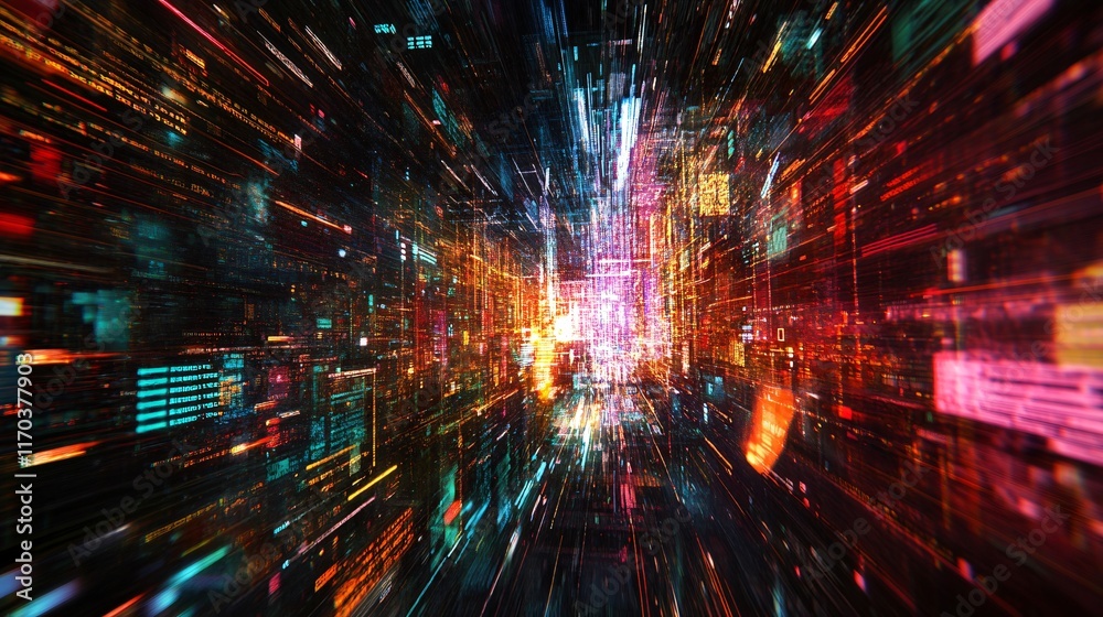 Fototapeta premium A vibrant, abstract representation of a digital landscape filled with colorful lights and data streams.