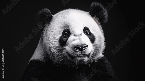 A striking black and white portrait of a panda, showcasing its gentle expression and iconic black patches.