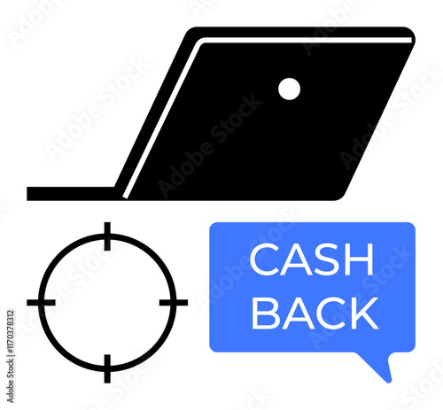 Laptop with cashback text bubble and target symbol promoting savings and focus on deals. Ideal for e-commerce, online retail, rewards programs, marketing, financial savings, consumer benefits