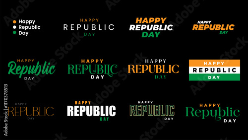 Happy Republic Day Calligraphy, Typography Set. Republic day India Text with tri color of indian flag. 