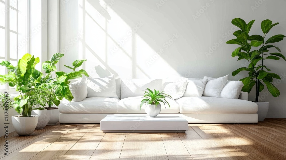 Clean and modern minimalist interior with a cozy white sofa, large leafy plants, a square plastic coffee table, and rich wood flooring illuminated by natural light Clean and modern minimalist interior with a cozy white sofa, large leafy plants, a square plastic coffee table, and rich wood flooring illuminated by natural light