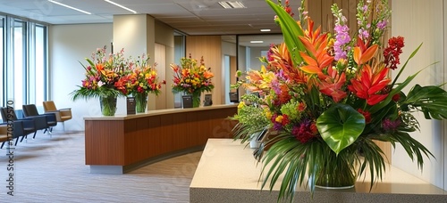 A photograph of an office waiting area features large flowers in vases on the reception desk