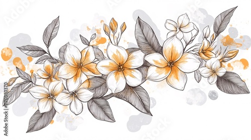 Beautiful hand-drawn floral arrangement featuring white and orange flowers with delicate leaves.