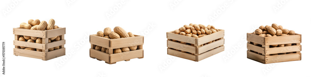 Peanuts in a wooden crate isolated on white background. Mix Collection Png. Peanuts in a wooden crate isolated on white background. Mix Collection Png.