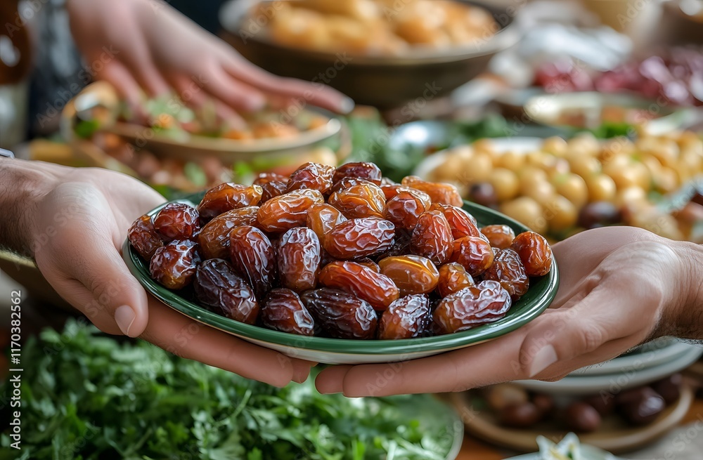 Hands offering a plate of sweet dates Hands offering a plate of sweet dates