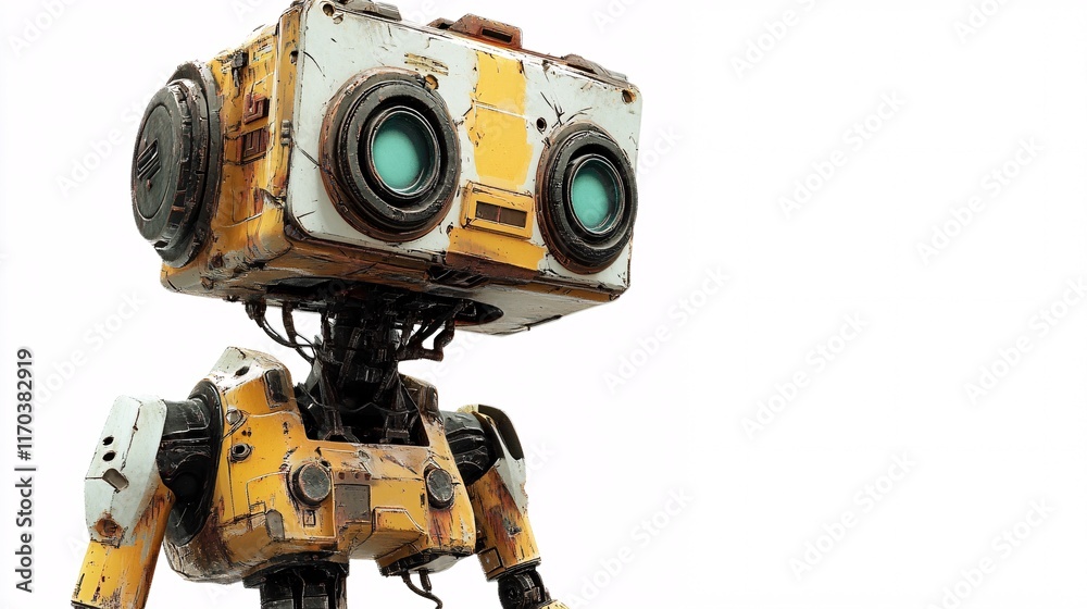 A charming, weathered robot with yellow and white accents and large green eyes, evoking nostalgia and creativity. A charming, weathered robot with yellow and white accents and large green eyes, evoking nostalgia and creativity.