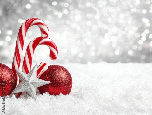 Christmas ornaments like candy canes and stars in a serene snow-covered setting celebrating the festive winter atmosphere photo