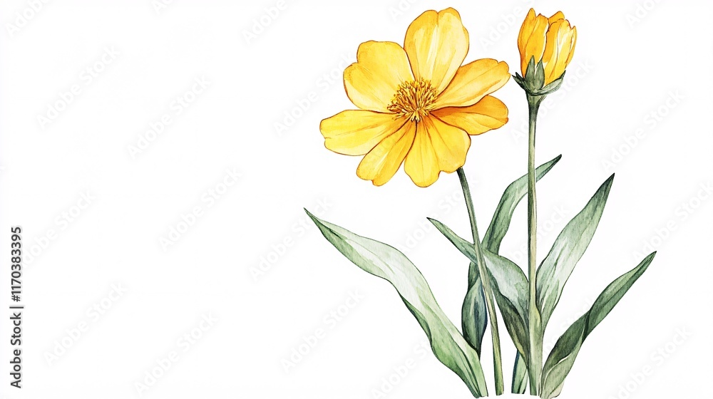Fototapeta premium A vibrant watercolor illustration of yellow flowers with green leaves, showcasing nature's beauty and elegance.