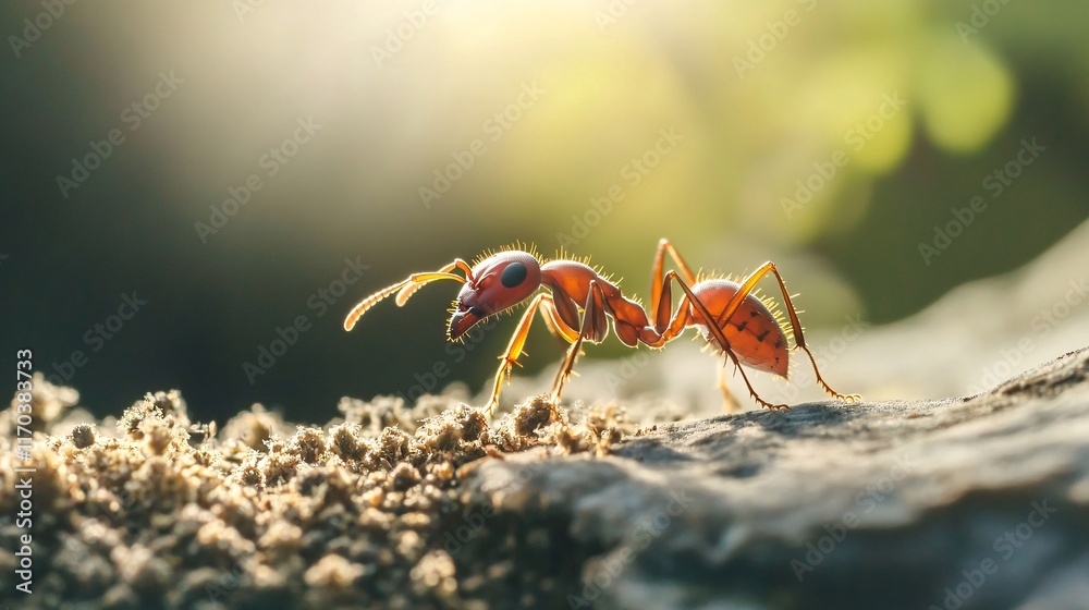 Close-up of a vibrant red ant exploring its natural habitat, capturing intricate details and textures. Close-up of a vibrant red ant exploring its natural habitat, capturing intricate details and textures.
