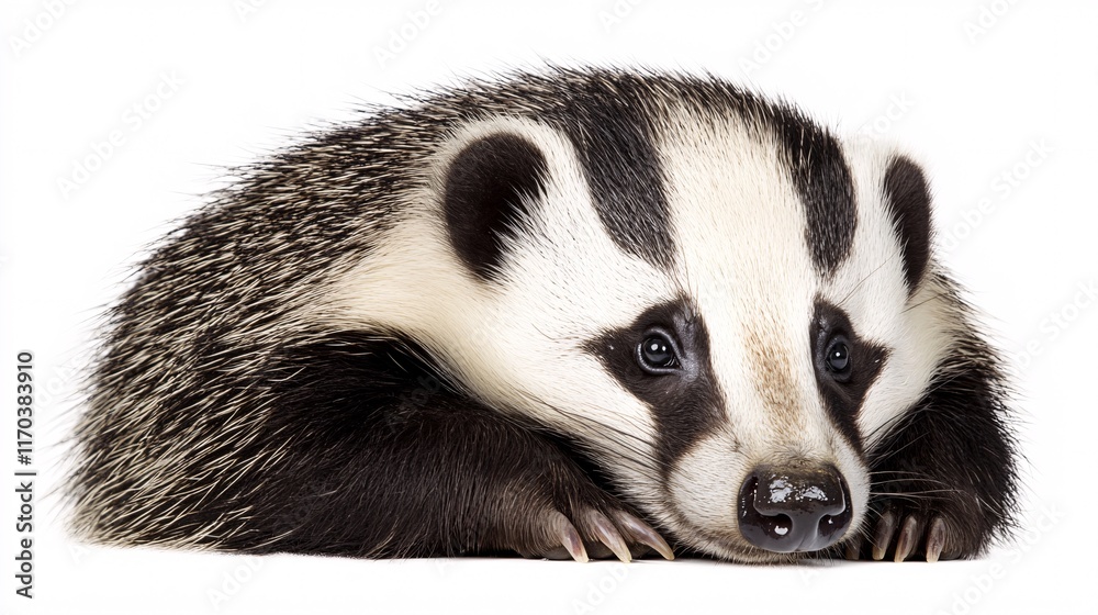 A striking close-up of a European badger, featuring its distinct black and white markings against a clean white background. A striking close-up of a European badger, featuring its distinct black and white markings against a clean white background.