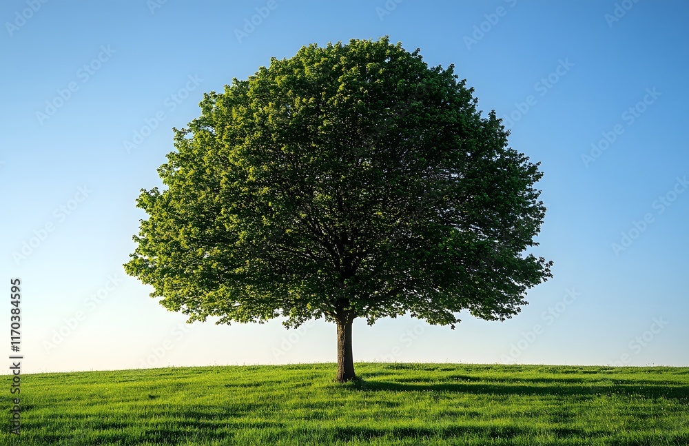Fototapeta premium Lone Tree Stands Tall in Verdant Meadow Under Blue Sky