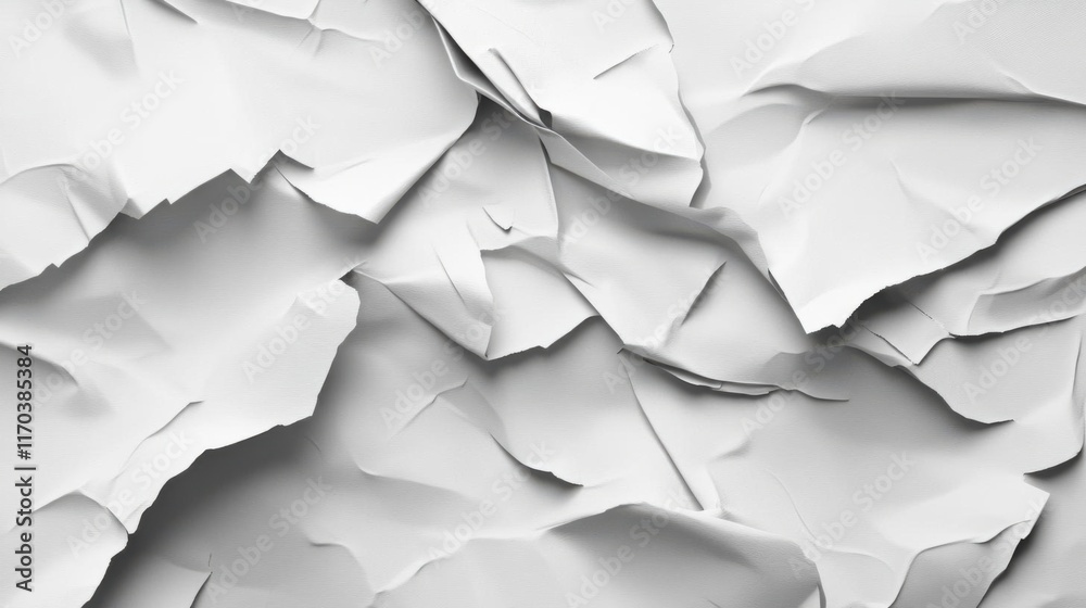 White Paper Creates Abstract Shapes with Crumpled and Folded Texture, Minimalist Art. White Paper Creates Abstract Shapes with Crumpled and Folded Texture, Minimalist Art.