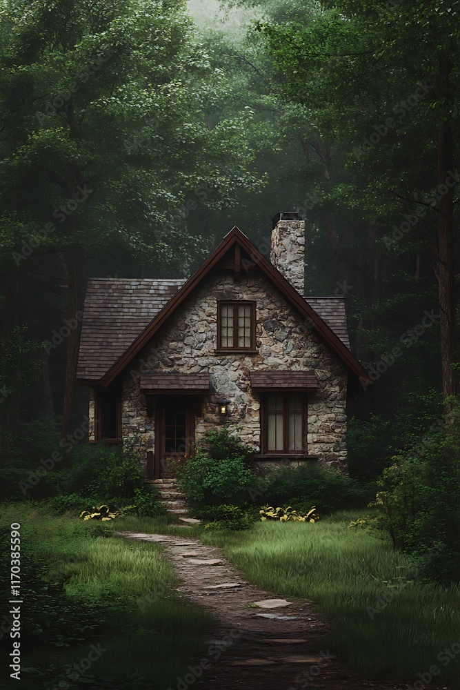 stone cabin in woods surrounded by tall trees stone cabin in woods surrounded by tall trees