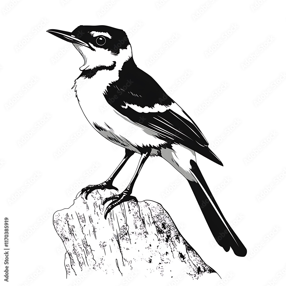 A stylized illustration of a bird perched on a rock.