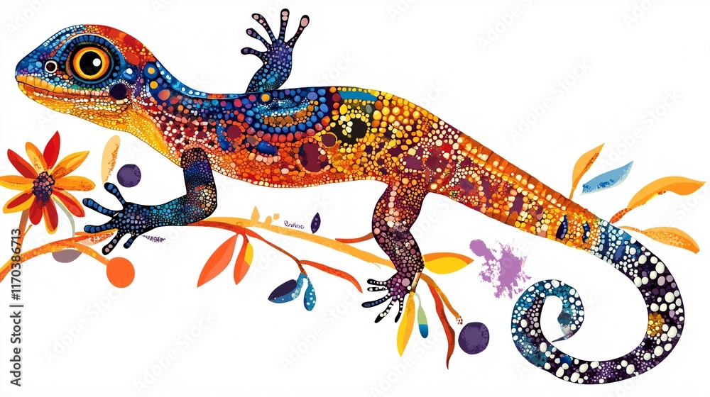 Obraz premium A vibrant and colorful illustration of a gecko adorned with intricate patterns and bright hues on a floral branch.