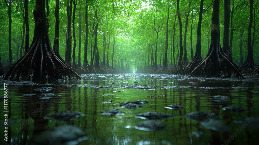 Obraz premium Enigmatic Mangrove Tunnel: A Serene Escape into Nature's Embrace