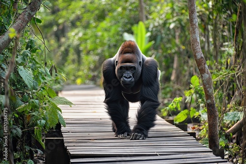 Majestic Grand Gorilla Amidst Dense Wooden Jungle at Dawn Nature s Morning Majesty Captured photo