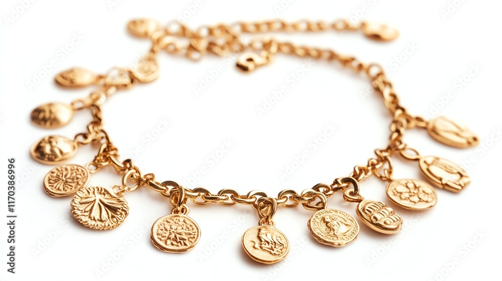 Elegant gold charm bracelet with various decorative charms on a white isolated background. Elegant gold charm bracelet with various decorative charms on a white isolated background.