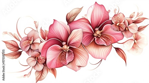 A vibrant arrangement of pink orchids in full bloom, showcasing intricate petals and delicate details.