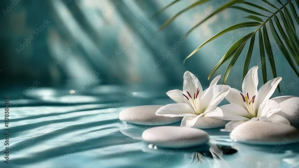 White stones, white lily flowers, and palm leaves on a water background with the shadow of sunlight. A spa concept banner for wellness or body care White stones, white lily flowers, and palm leaves on a water background with the shadow of sunlight. A spa concept banner for wellness or body care