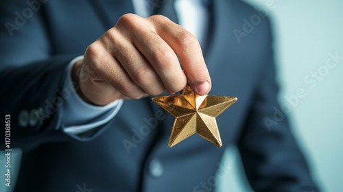 A businessman holds a gold star award, symbolizing achievement and recognition in a professional setting.