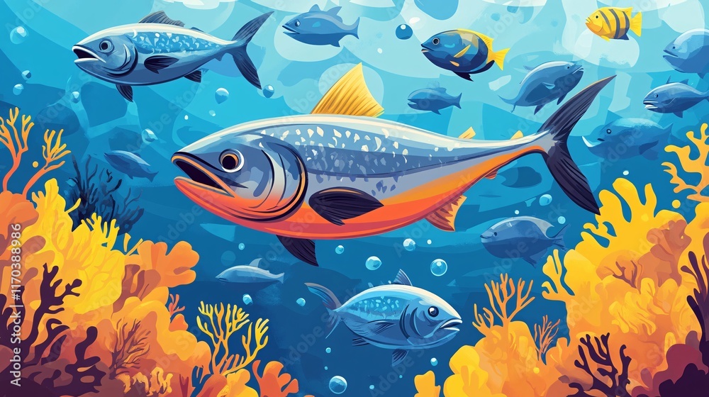 Naklejka premium A vibrant underwater scene featuring various fish swimming among colorful coral reefs.