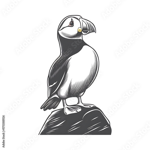 A stylized puffin standing on a rock, showcasing its distinctive features. photo