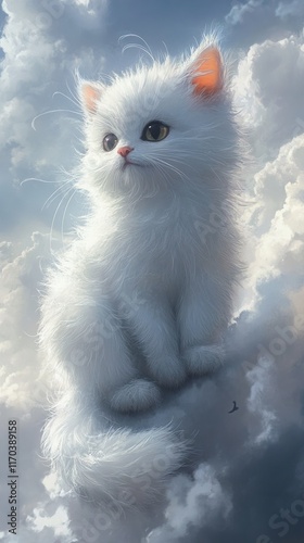 Fluffy White Kitten in the Clouds: A Dreamy Cat Image photo