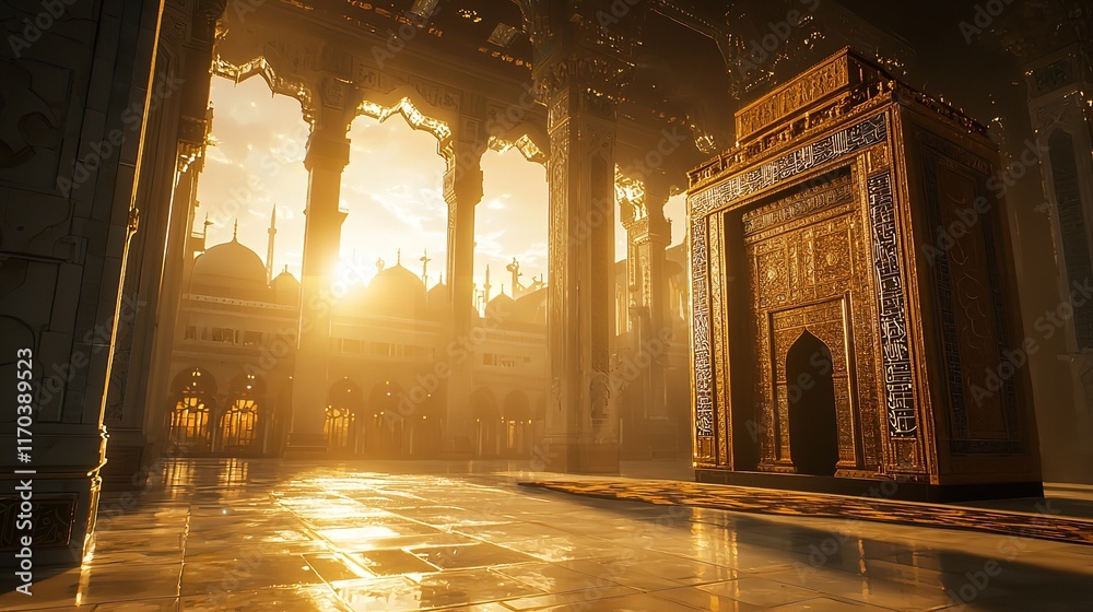 Obraz premium Ancient mysterious temple with illuminated doorway and intricate stone carvings