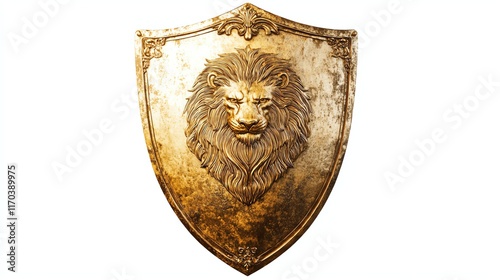 Gold lion emblem on a shield, white isolated background. photo