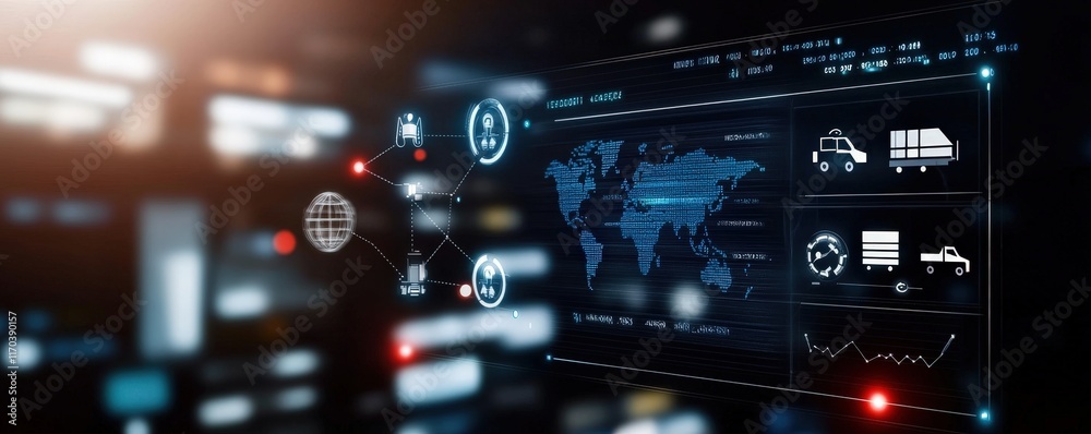 Cargo Management and Warehouse Scheduling Solutions concept. Futuristic digital interface with data visualization elements. Cargo Management and Warehouse Scheduling Solutions concept. Futuristic digital interface with data visualization elements.