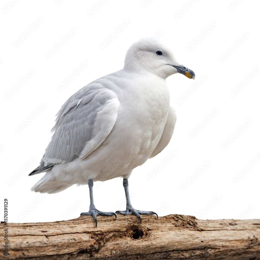 Iceland Gull on piece of wood isolated on white background