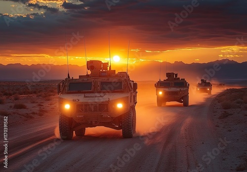 A high-quality photo of light armored vehicles driving on desert roads at sunset, with an American and European-style design in the background. photo