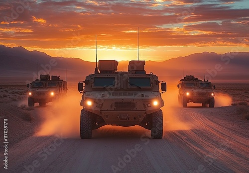 A high-quality photo of light armored vehicles driving on desert roads at sunset, with an American and European-style design in the background. photo