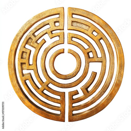 Intricate circular maze design in gold on a white isolated background.