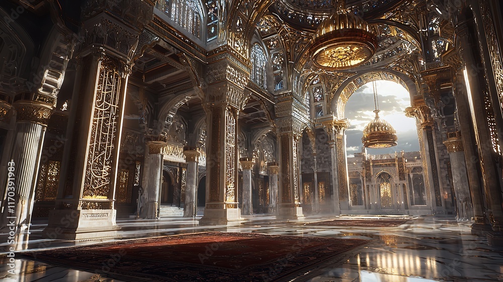 Serene Interior of a Grand Mosque with Light Rays