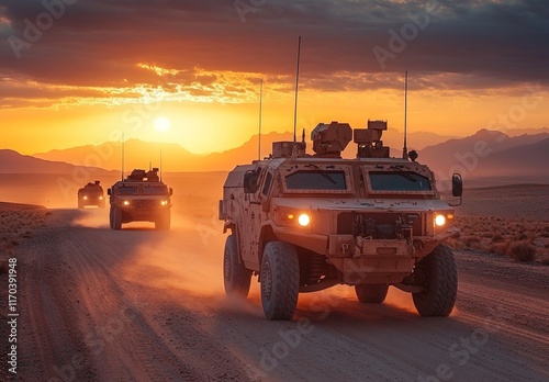 A high-quality photo of light armored vehicles driving on desert roads at sunset, with an American and European-style design in the background. photo