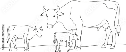Cows on pasture in One continuous line drawing. Milk calf animal grazing symbol and beef meat farm concept in simple linear style