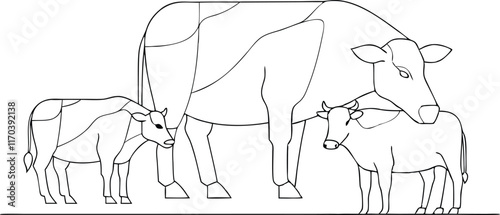 Cows on pasture in One continuous line drawing. Milk calf animal grazing symbol and beef meat farm concept in simple linear style