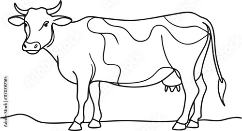 Cows on pasture in One continuous line drawing. Milk calf animal grazing symbol and beef meat farm concept in simple linear style