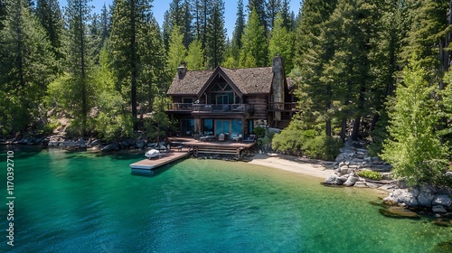 Beautiful lakefront property with a dock and boat,