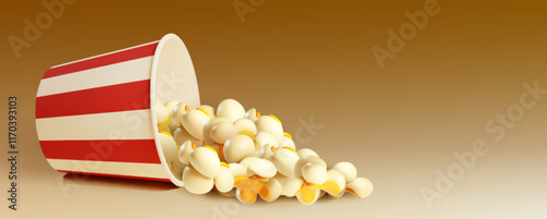 3d realistic cinema popcorn bucket vector illustration. Movie pop corn snack falling from box. Sweet caramel or salted kernel in red bag design on film night entertainment mockup. Vintage cup for food