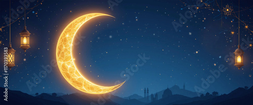 Elegant crescent moon and lanterns against a royal blue Ramadan night sky, Eid festive background photo