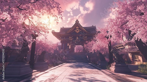 Cherry blossom temple sunrise, pathway, Japan, digital art, game background