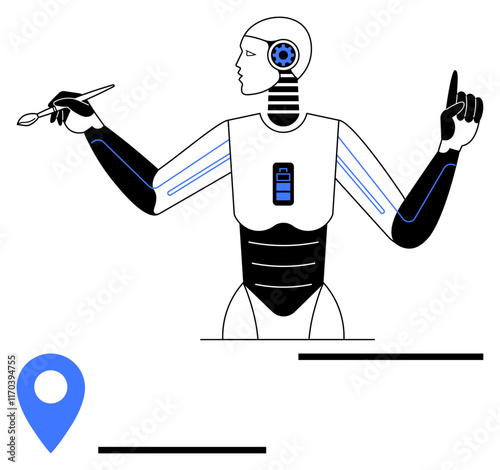 Humanoid robot using a stylus while gesturing with another hand, emphasizing AI, multitasking, navigation, and human-robot interaction. Ideal for AI, robotics, innovation, automation technology